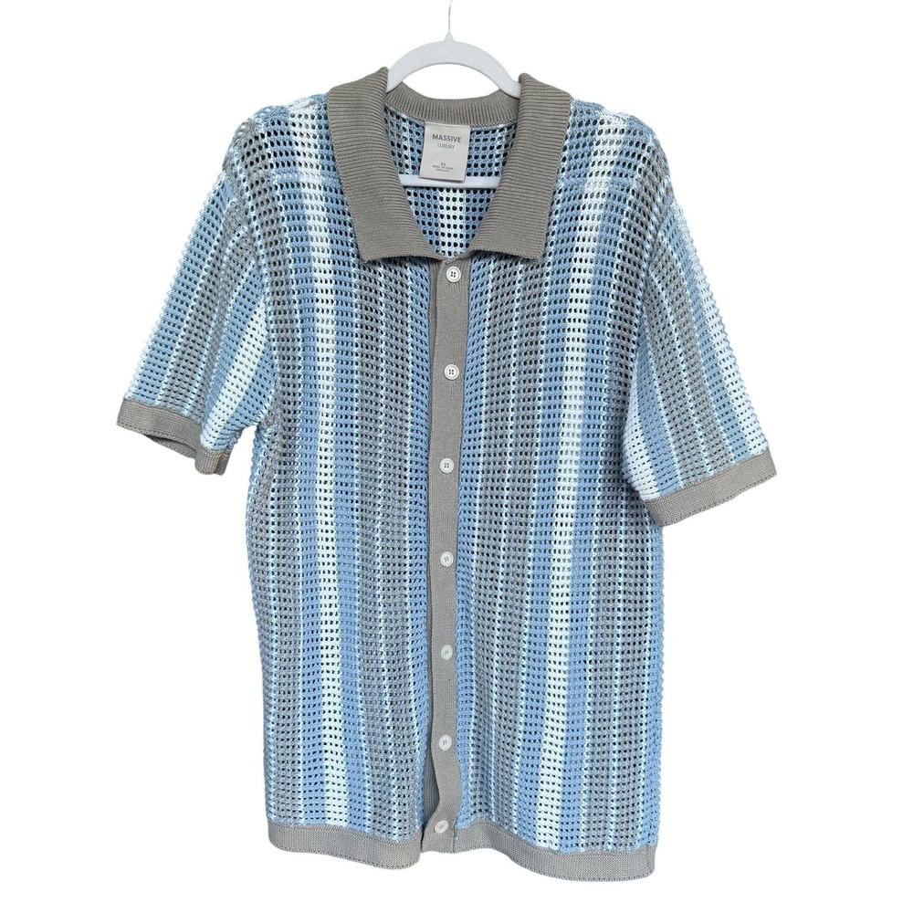 Massive Luxury Sweater Mens XL Blue Open Knit Short Sleeve Button Cardigan